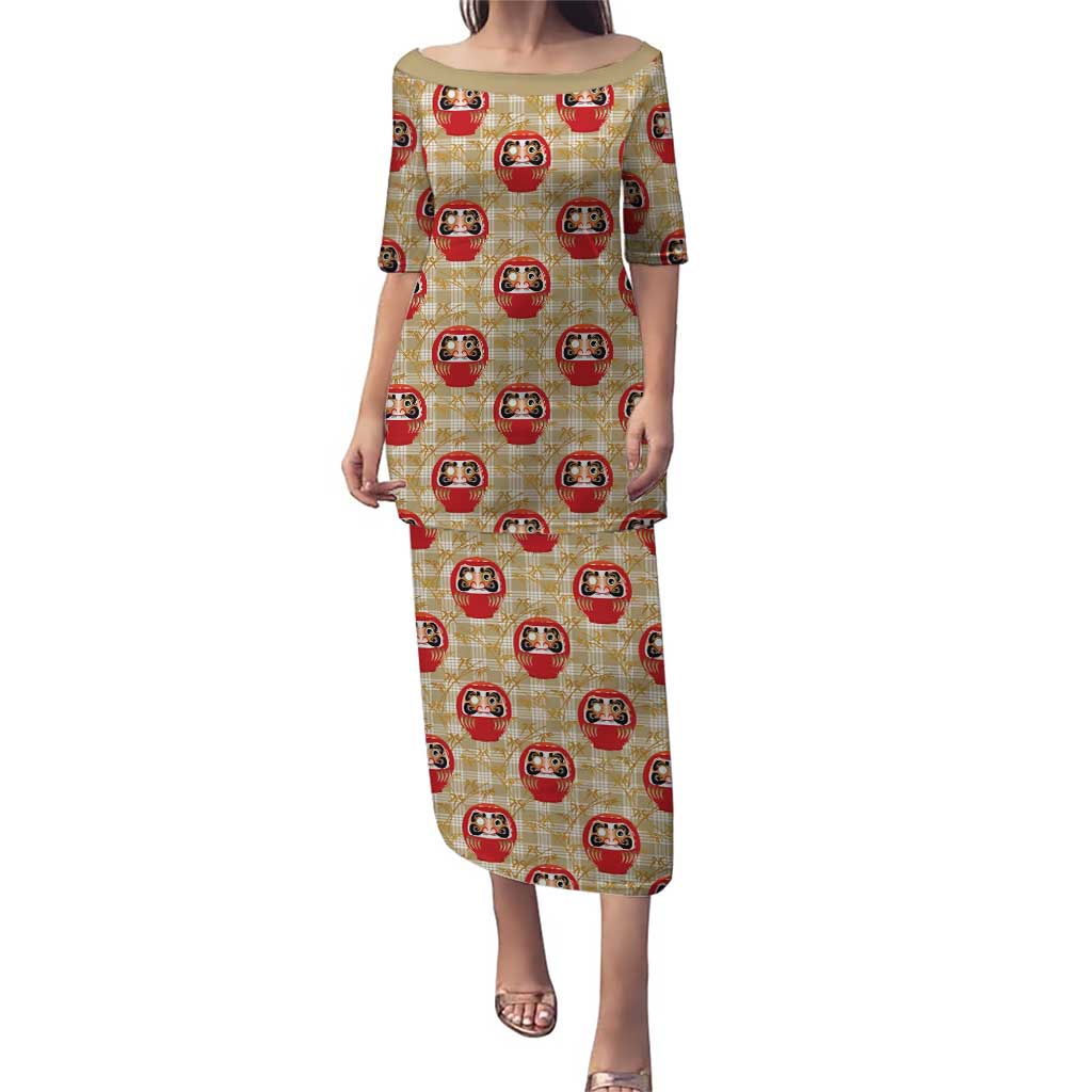 Japanese Daruma Doll Puletasi Palaka With Seamless Bamboo Pattern LT14 Long Dress Beige - Polynesian Pride