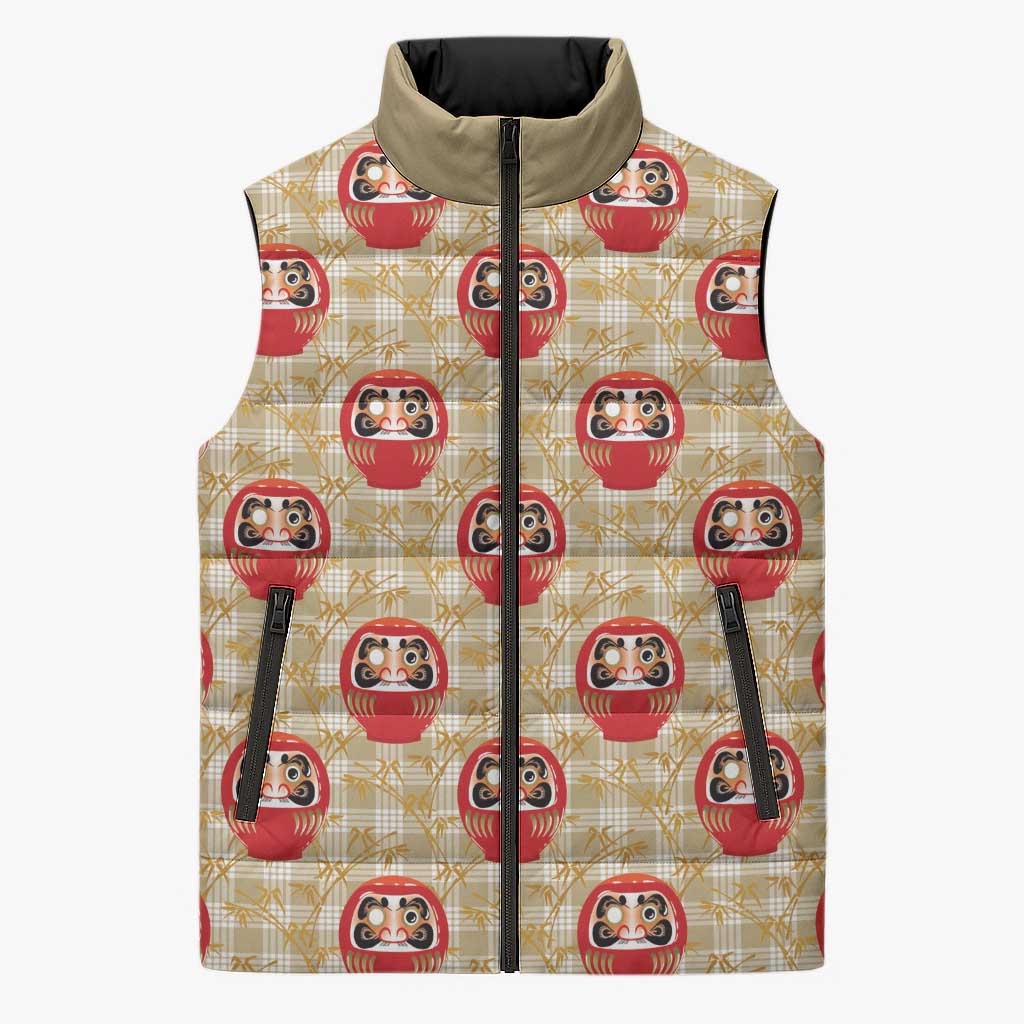 Japanese Daruma Doll Sleeveless Puffer Jacket Palaka With Seamless Bamboo Pattern LT14 Unisex Beige - Polynesian Pride