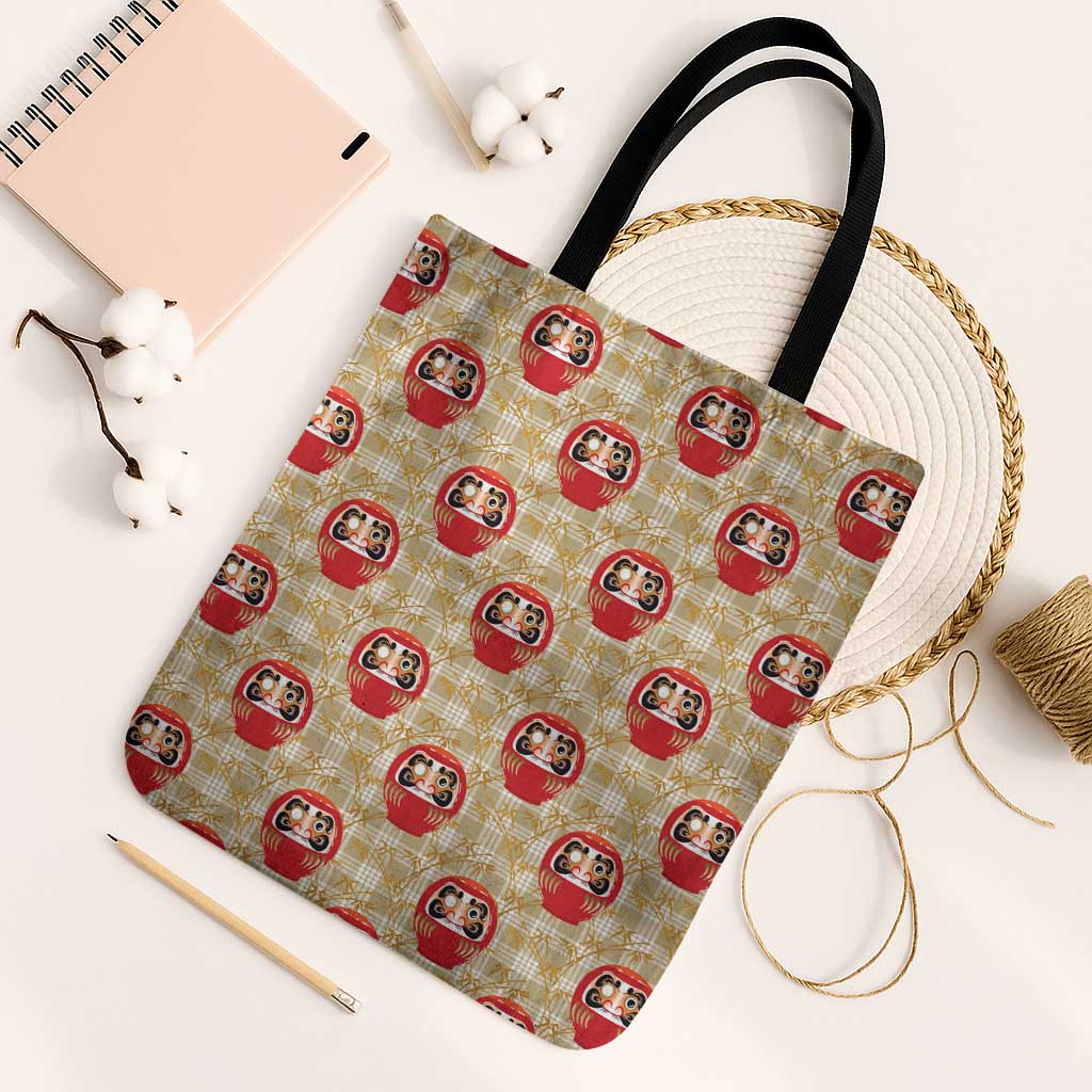 Japanese Daruma Doll Tote Bag Palaka With Seamless Bamboo Pattern LT14 Black Strap One Size Beige - Polynesian Pride