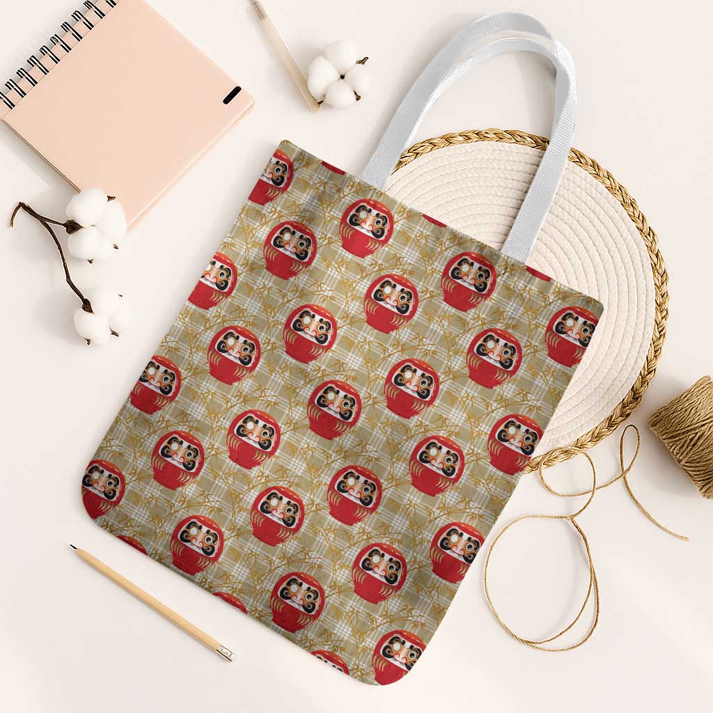 Japanese Daruma Doll Tote Bag Palaka With Seamless Bamboo Pattern LT14 White Strap One Size Beige - Polynesian Pride