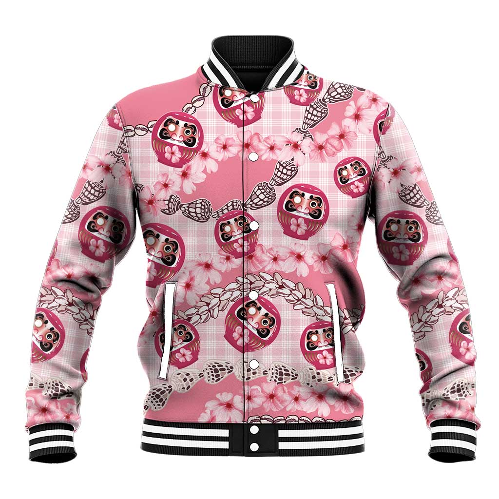 Japanese Daruma Doll Palaka Baseball Jacket Cherry Blossoms With Shell Lei LT14 Unisex Pink - Polynesian Pride