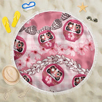 Japanese Daruma Doll Palaka Beach Blanket Cherry Blossoms With Shell Lei LT14 One Size 150cm Pink - Polynesian Pride