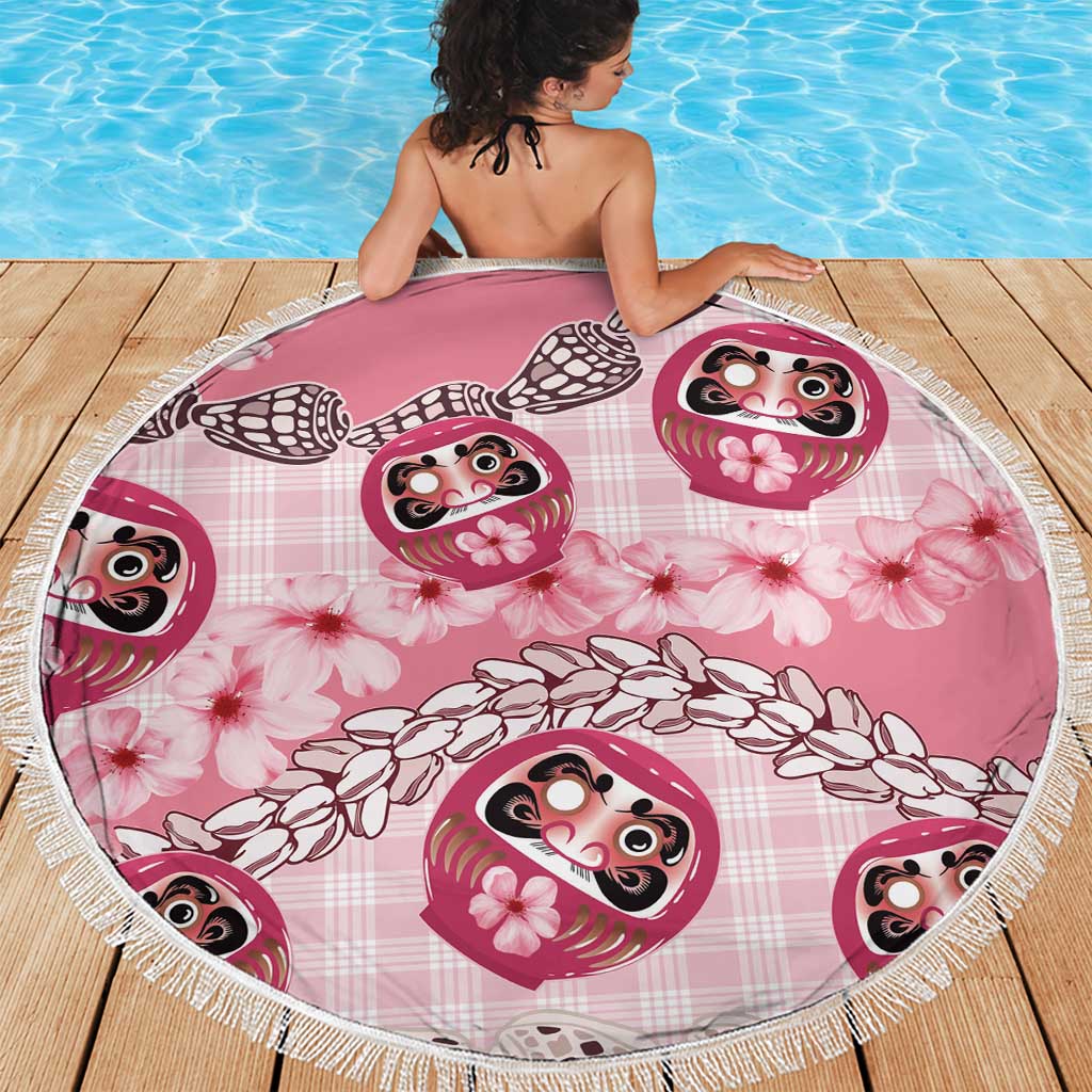 Japanese Daruma Doll Palaka Beach Blanket Cherry Blossoms With Shell Lei LT14 - Polynesian Pride