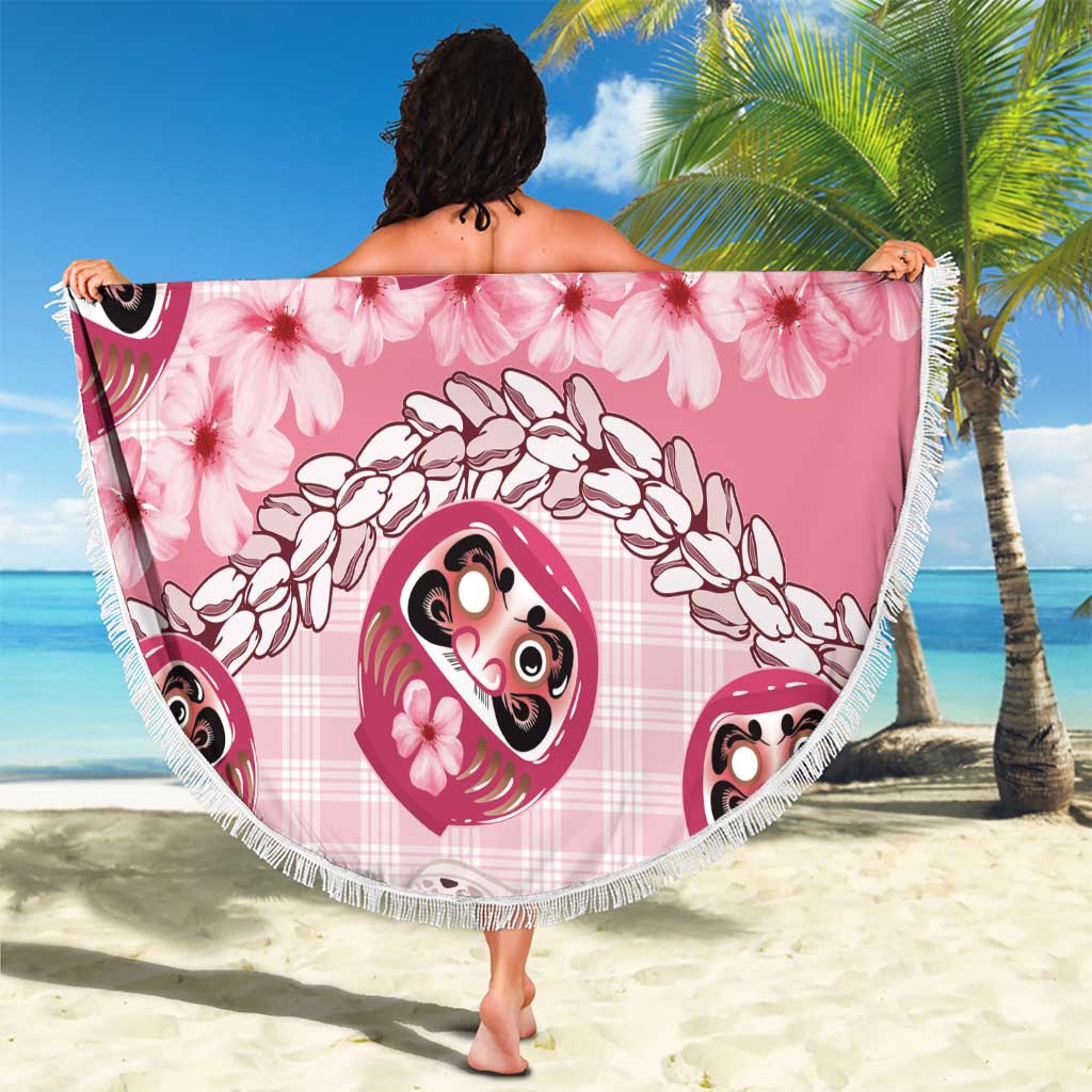 Japanese Daruma Doll Palaka Beach Blanket Cherry Blossoms With Shell Lei LT14 - Polynesian Pride