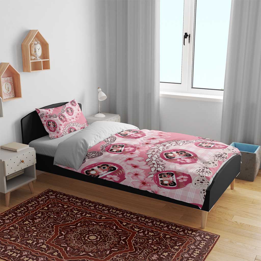 Japanese Daruma Doll Palaka Bedding Set Cherry Blossoms With Shell Lei LT14 - Polynesian Pride