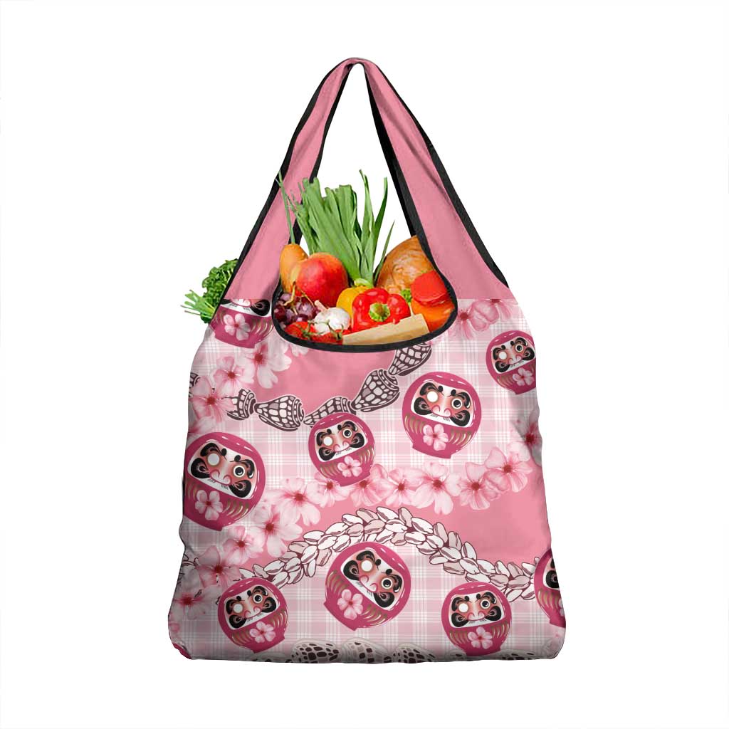 Japanese Daruma Doll Palaka Grocery Bag Cherry Blossoms With Shell Lei LT14 1-pack One Size Pink - Polynesian Pride
