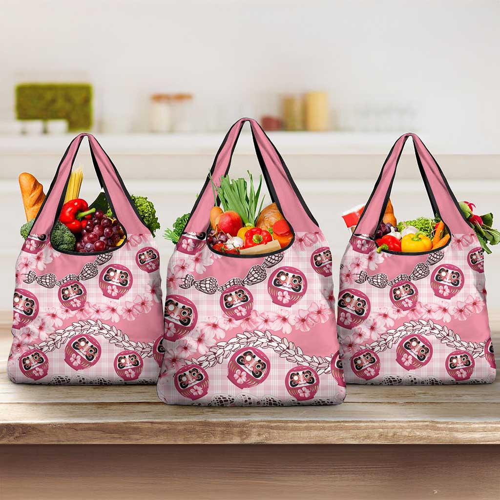 Japanese Daruma Doll Palaka Grocery Bag Cherry Blossoms With Shell Lei LT14 3-pack One Size Pink - Polynesian Pride