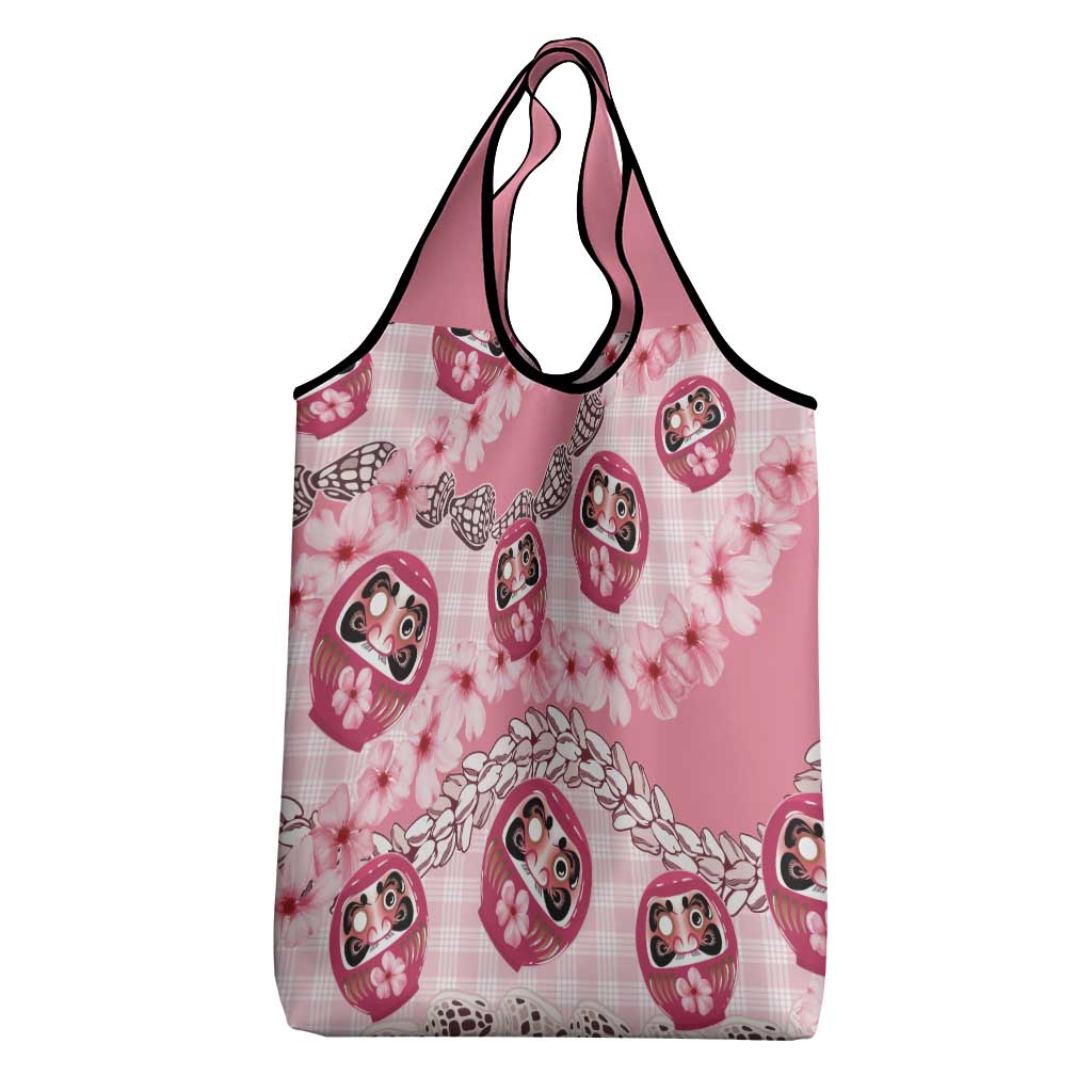 Japanese Daruma Doll Palaka Grocery Bag Cherry Blossoms With Shell Lei LT14 - Polynesian Pride