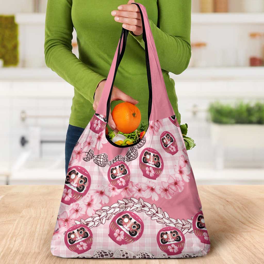 Japanese Daruma Doll Palaka Grocery Bag Cherry Blossoms With Shell Lei LT14 - Polynesian Pride