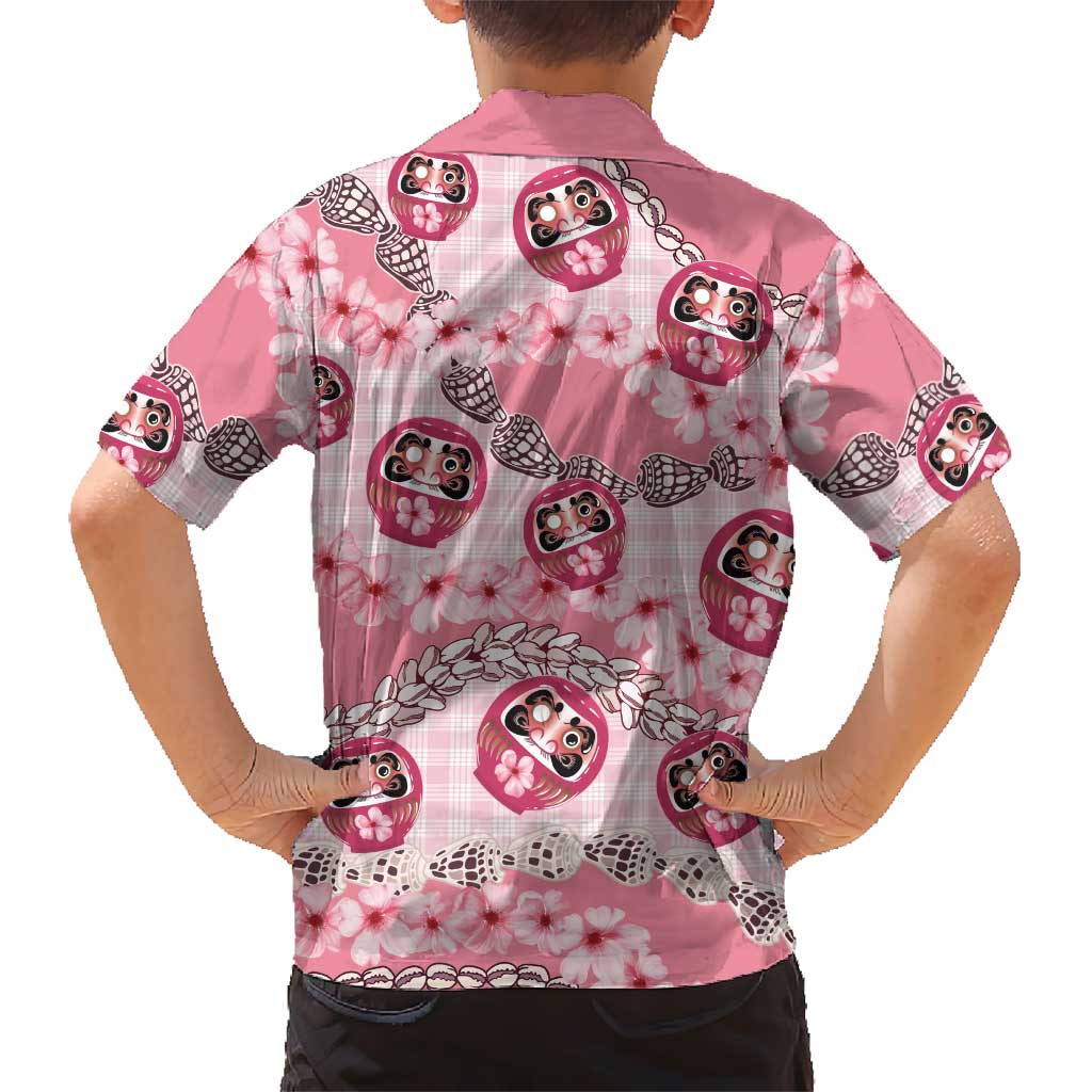 Japanese Daruma Doll Palaka Kid Hawaiian Shirt Cherry Blossoms With Shell Lei LT14 - Polynesian Pride