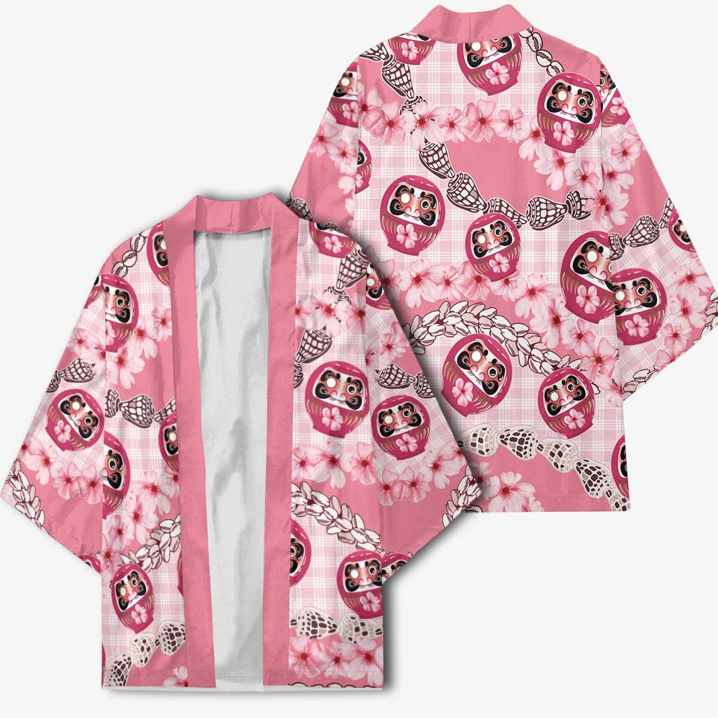 Japanese Daruma Doll Palaka Kimono Cherry Blossoms With Shell Lei LT14 - Polynesian Pride