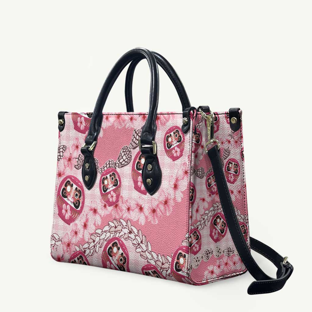 Japanese Daruma Doll Palaka Leather Bag Cherry Blossoms With Shell Lei LT14 Pink - Polynesian Pride