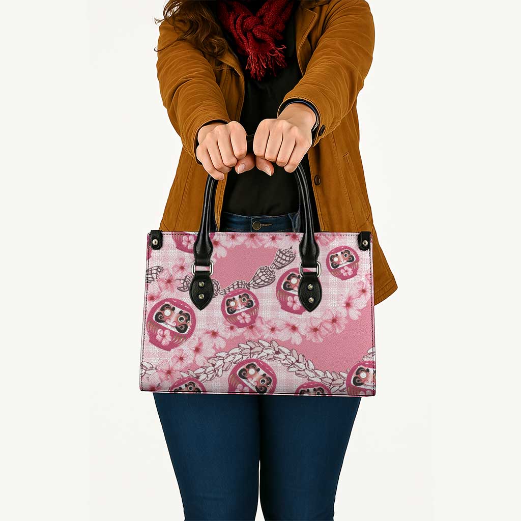 Japanese Daruma Doll Palaka Leather Bag Cherry Blossoms With Shell Lei LT14 - Polynesian Pride