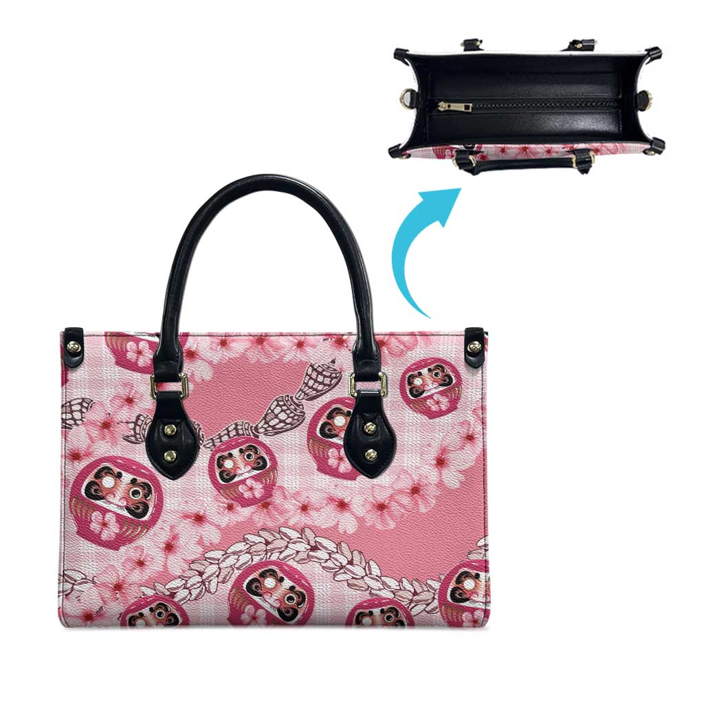 Japanese Daruma Doll Palaka Leather Bag Cherry Blossoms With Shell Lei LT14 - Polynesian Pride