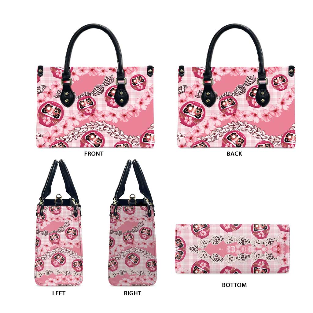 Japanese Daruma Doll Palaka Leather Bag Cherry Blossoms With Shell Lei LT14 - Polynesian Pride
