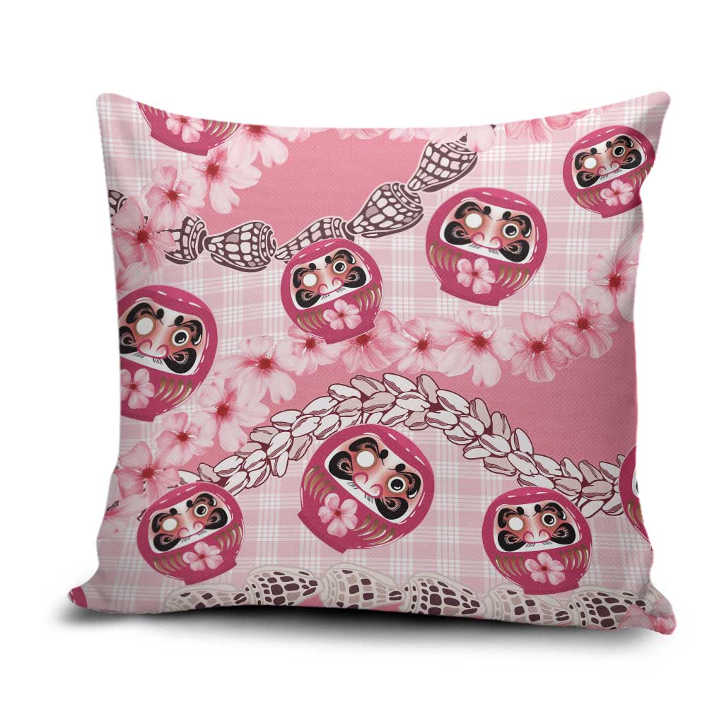 Japanese Daruma Doll Palaka Pillow Cover Cherry Blossoms With Shell Lei LT14 Pink - Polynesian Pride