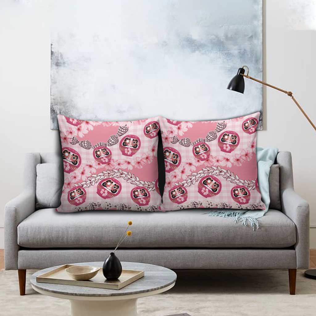 Japanese Daruma Doll Palaka Pillow Cover Cherry Blossoms With Shell Lei LT14 - Polynesian Pride