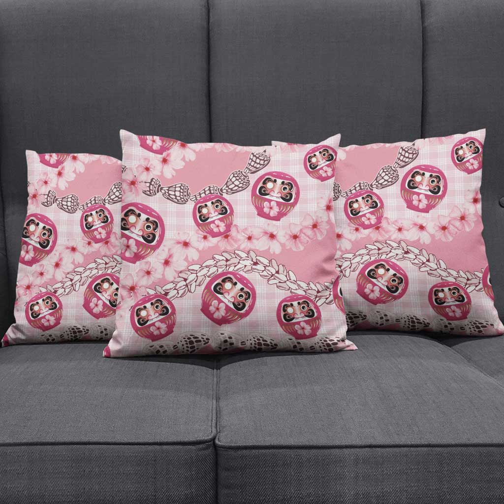 Japanese Daruma Doll Palaka Pillow Cover Cherry Blossoms With Shell Lei LT14 - Polynesian Pride