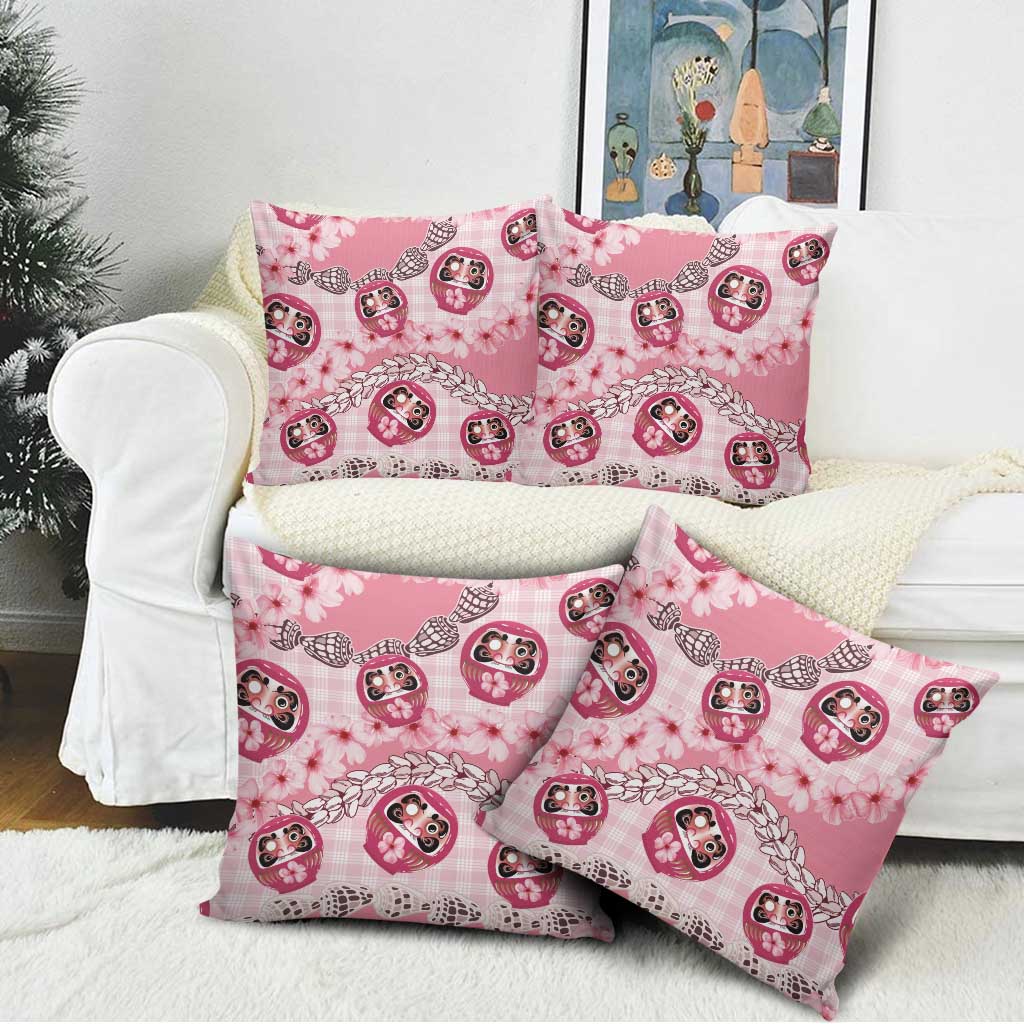 Japanese Daruma Doll Palaka Pillow Cover Cherry Blossoms With Shell Lei LT14 - Polynesian Pride