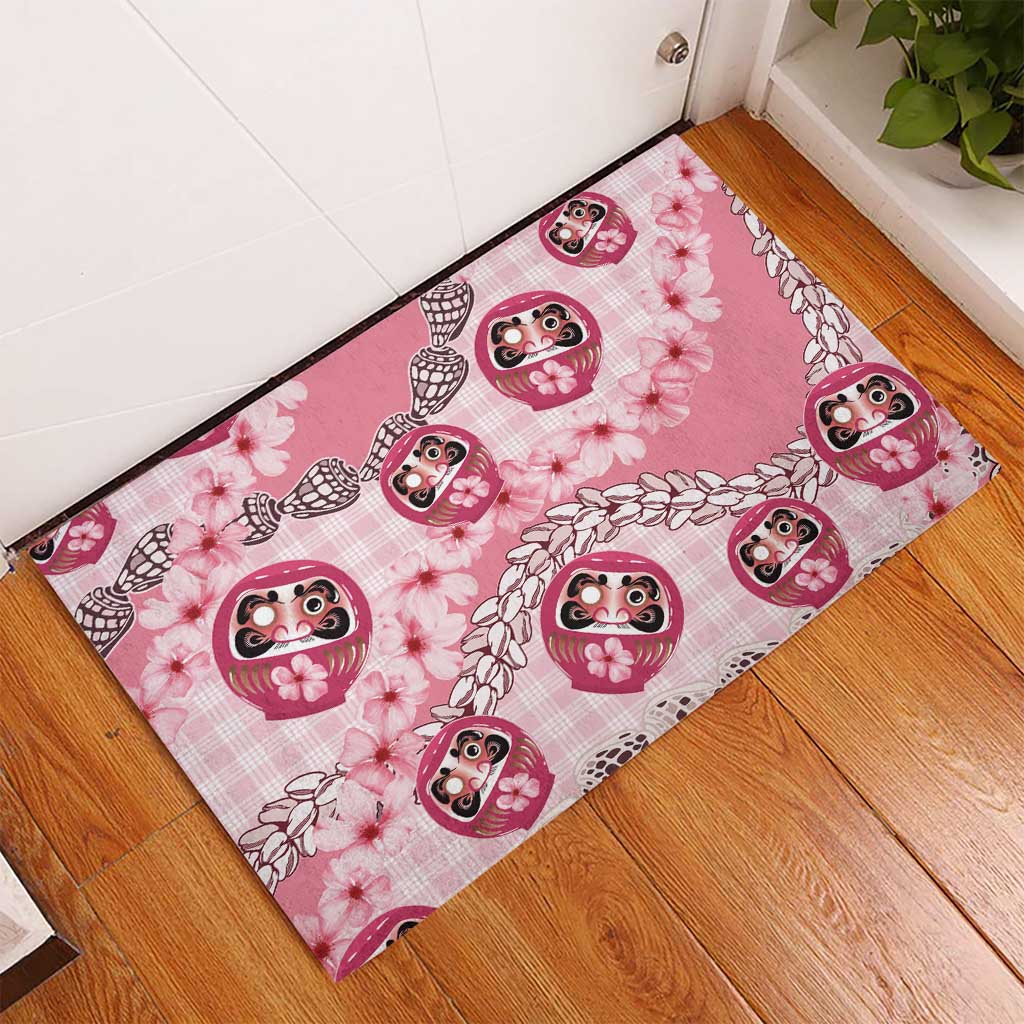 Japanese Daruma Doll Palaka Rubber Doormat Cherry Blossoms With Shell Lei LT14 - Polynesian Pride