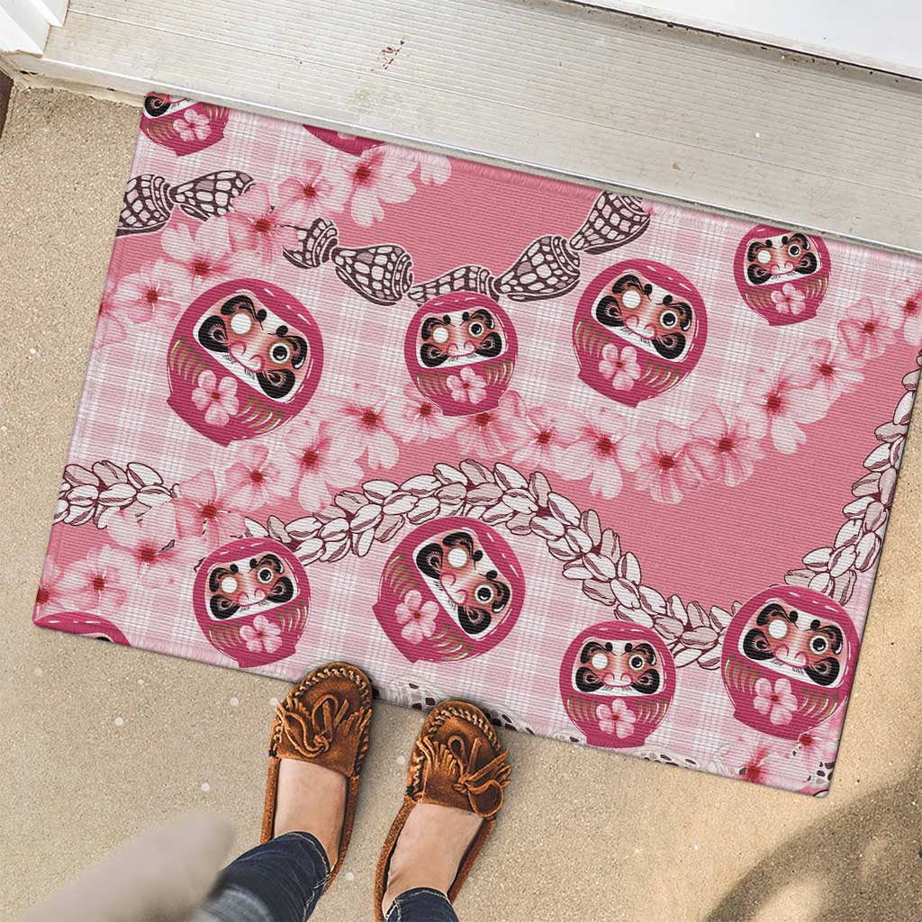 Japanese Daruma Doll Palaka Rubber Doormat Cherry Blossoms With Shell Lei LT14 - Polynesian Pride