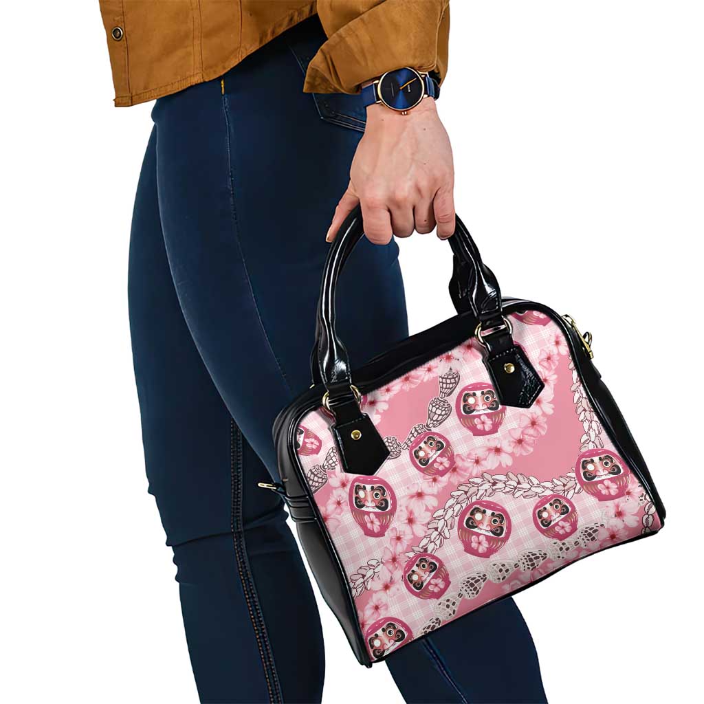Japanese Daruma Doll Palaka Shoulder Handbag Cherry Blossoms With Shell Lei LT14 - Polynesian Pride