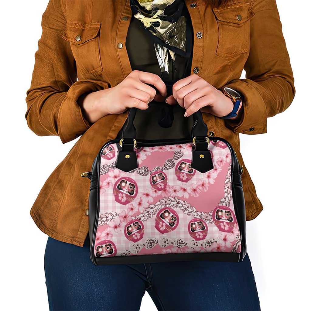 Japanese Daruma Doll Palaka Shoulder Handbag Cherry Blossoms With Shell Lei LT14 - Polynesian Pride