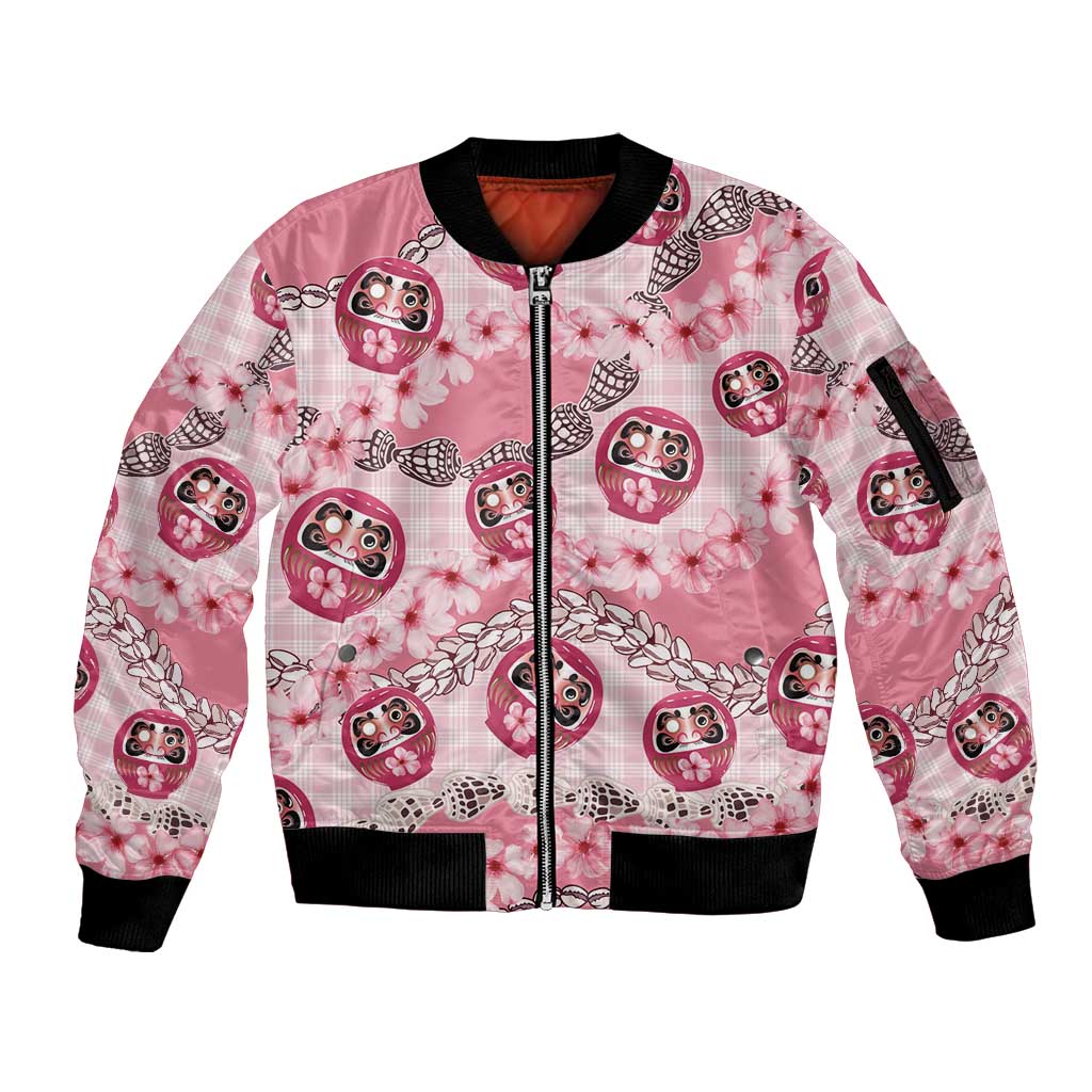 Japanese Daruma Doll Palaka Sleeve Zip Bomber Jacket Cherry Blossoms With Shell Lei LT14 Unisex Pink - Polynesian Pride