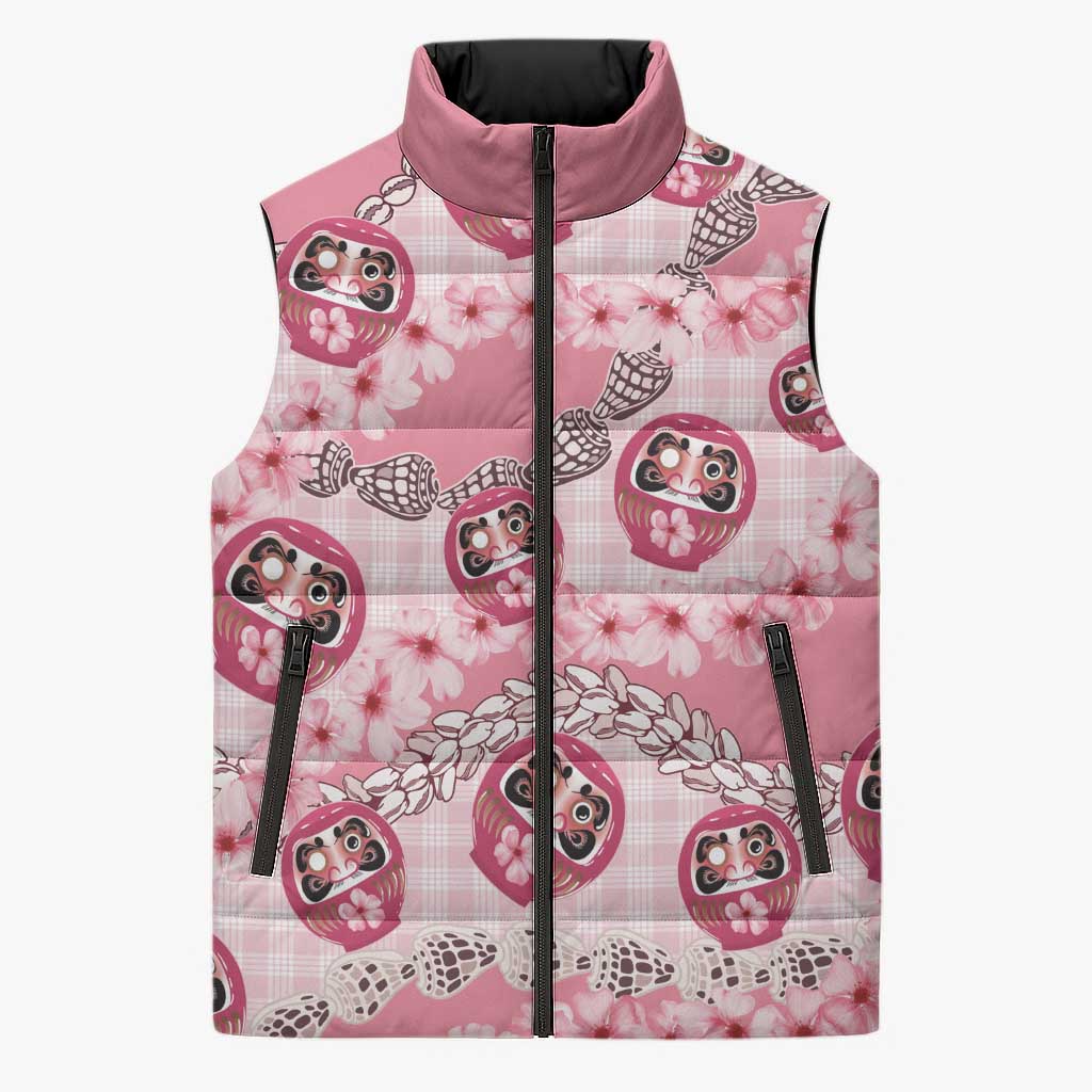 Japanese Daruma Doll Palaka Sleeveless Puffer Jacket Cherry Blossoms With Shell Lei LT14 Unisex Pink - Polynesian Pride