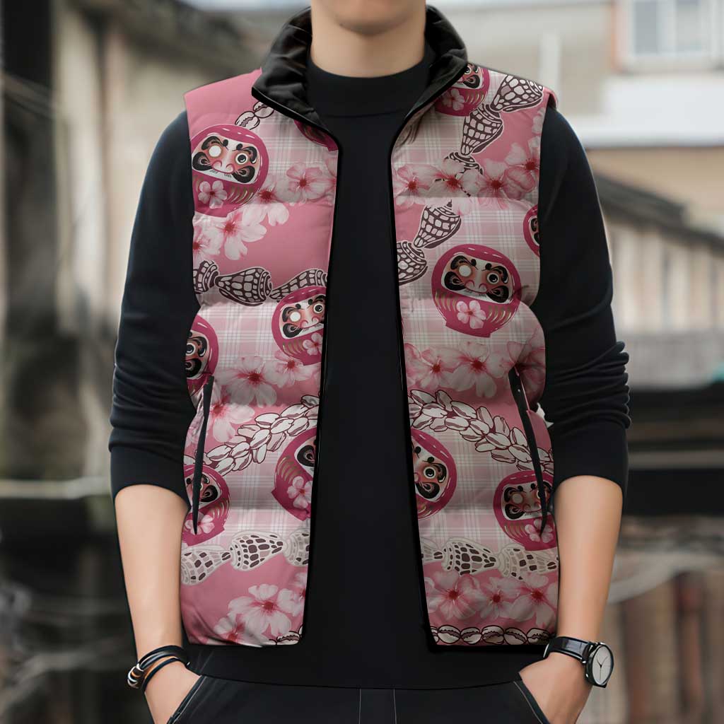 Japanese Daruma Doll Palaka Sleeveless Puffer Jacket Cherry Blossoms With Shell Lei LT14 - Polynesian Pride