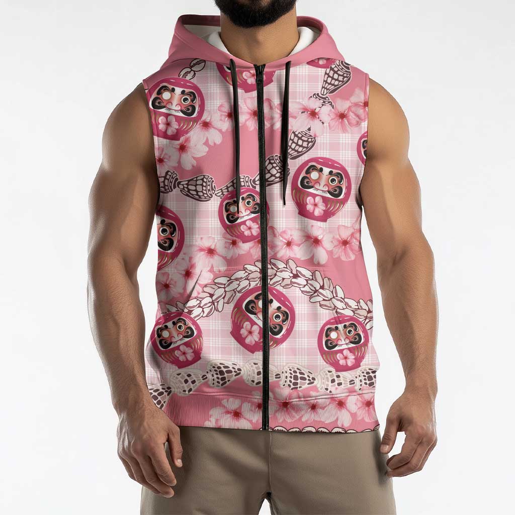 Japanese Daruma Doll Palaka Sleeveless Zip Hoodie Cherry Blossoms With Shell Lei LT14 - Polynesian Pride