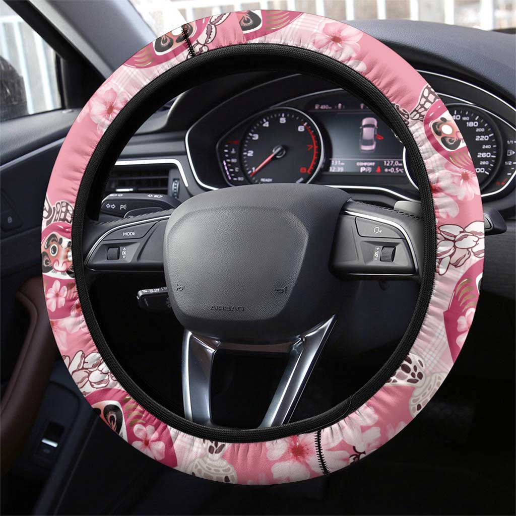 Japanese Daruma Doll Palaka Steering Wheel Cover Cherry Blossoms With Shell Lei LT14 - Polynesian Pride