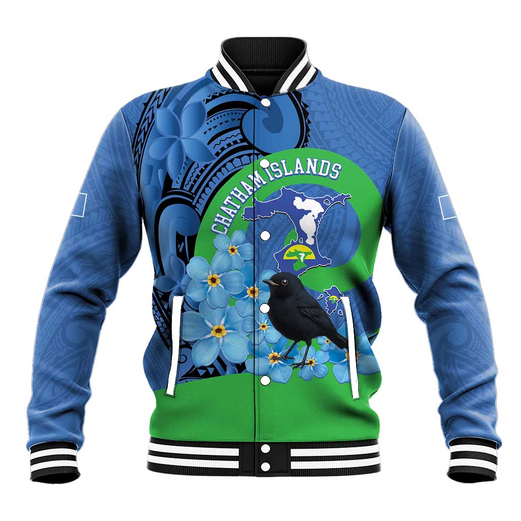 New Zealand Chatham Islands Baseball Jacket Wharekauri Forget Me Not With Black Robin LT14 Unisex Blue - Polynesian Pride
