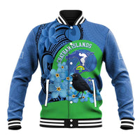 New Zealand Chatham Islands Baseball Jacket Wharekauri Forget Me Not With Black Robin LT14 Unisex Blue - Polynesian Pride