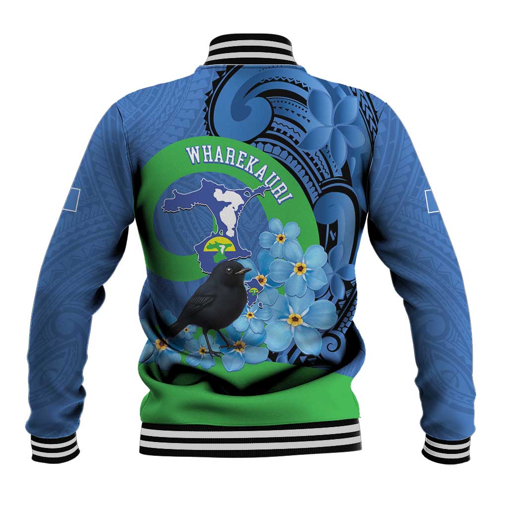 New Zealand Chatham Islands Baseball Jacket Wharekauri Forget Me Not With Black Robin LT14 - Polynesian Pride
