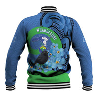 New Zealand Chatham Islands Baseball Jacket Wharekauri Forget Me Not With Black Robin LT14 - Polynesian Pride