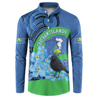 New Zealand Chatham Islands Button Sweatshirt Wharekauri Forget Me Not With Black Robin LT14 Blue - Polynesian Pride