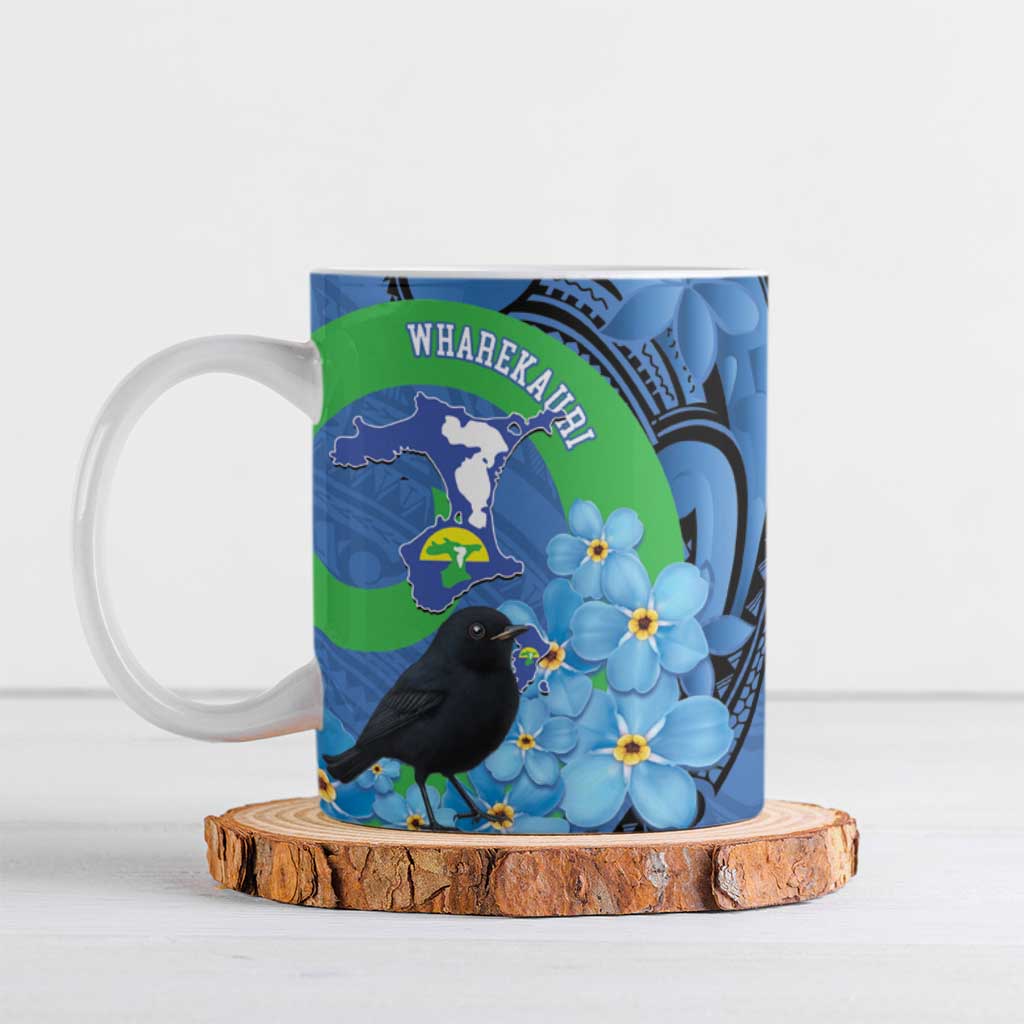 New Zealand Chatham Islands Ceramic Mug Wharekauri Forget Me Not With Black Robin LT14 Blue - Polynesian Pride