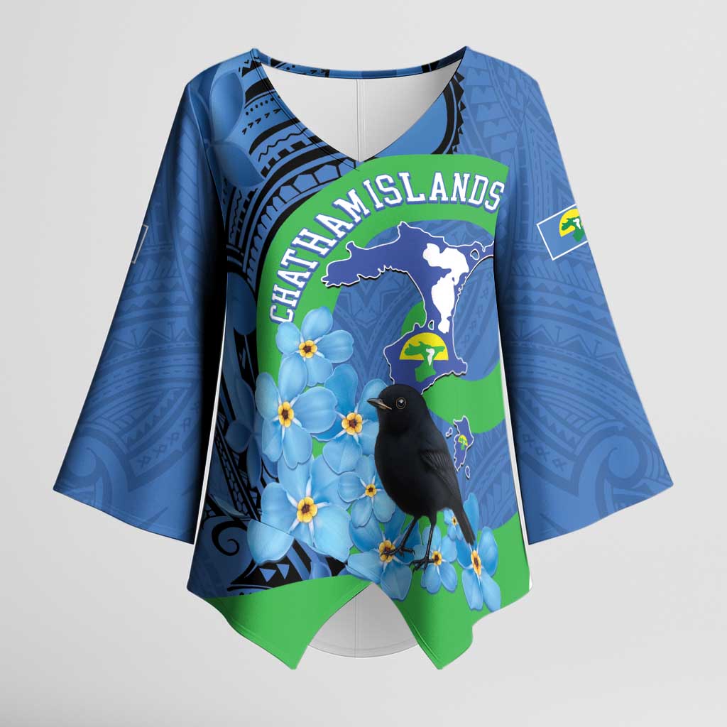 New Zealand Chatham Islands Kimono Sleeve Blouse Wharekauri Forget Me Not With Black Robin LT14 Female Blue - Polynesian Pride