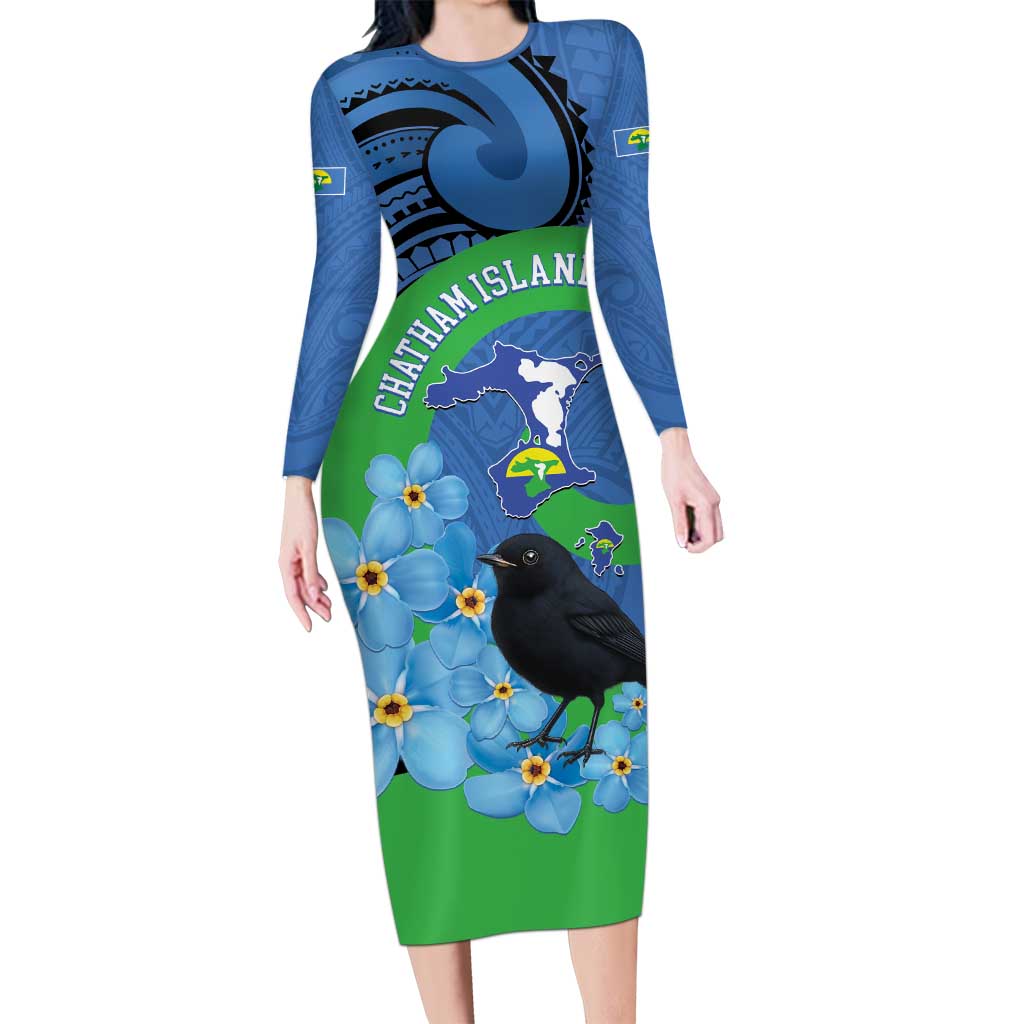 New Zealand Chatham Islands Long Sleeve Bodycon Dress Wharekauri Forget Me Not With Black Robin