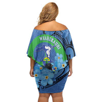 New Zealand Chatham Islands Off Shoulder Short Dress Wharekauri Forget Me Not With Black Robin LT14 - Polynesian Pride