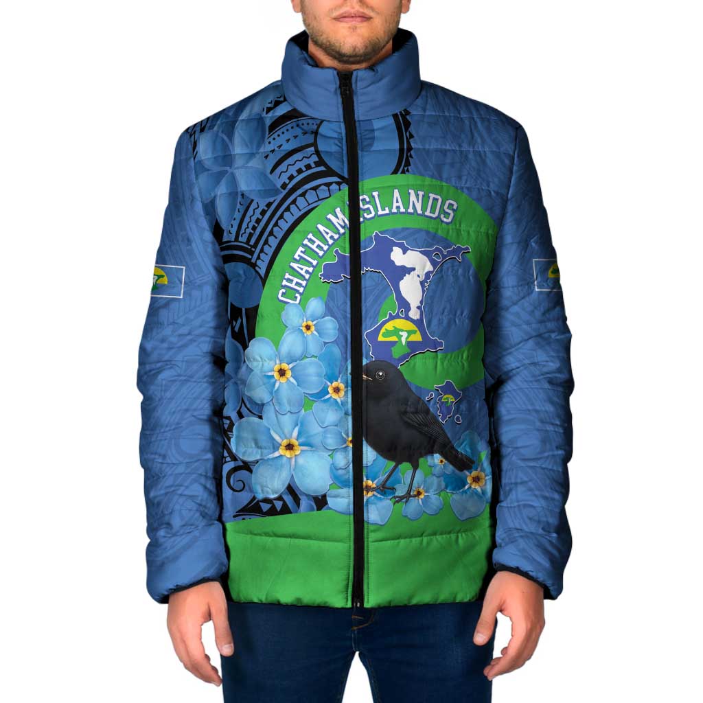 New Zealand Chatham Islands Padded Jacket Wharekauri Forget Me Not With Black Robin LT14 Men Blue - Polynesian Pride