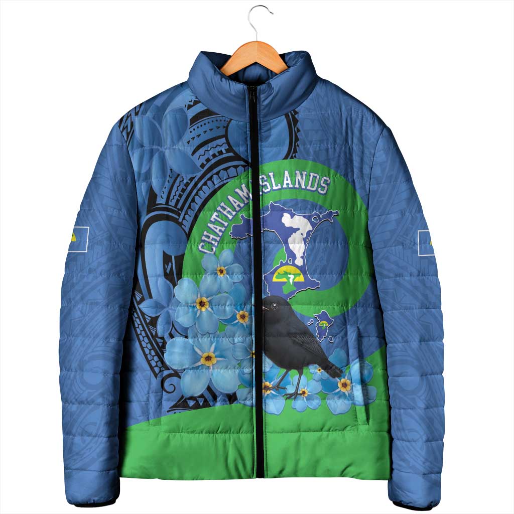 New Zealand Chatham Islands Padded Jacket Wharekauri Forget Me Not With Black Robin LT14 - Polynesian Pride