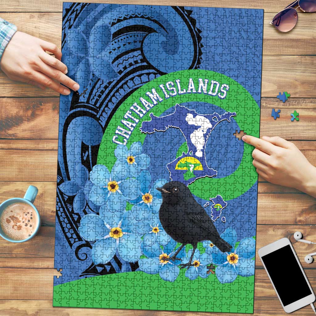 New Zealand Chatham Islands Puzzle Wharekauri Forget Me Not With Black Robin LT14 Blue - Polynesian Pride