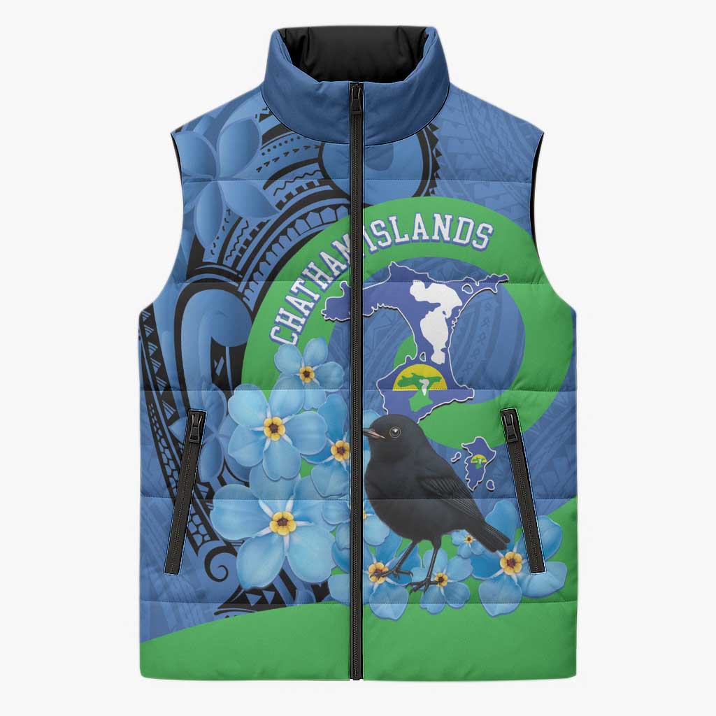 New Zealand Chatham Islands Sleeveless Puffer Jacket Wharekauri Forget Me Not With Black Robin LT14 Unisex Blue - Polynesian Pride