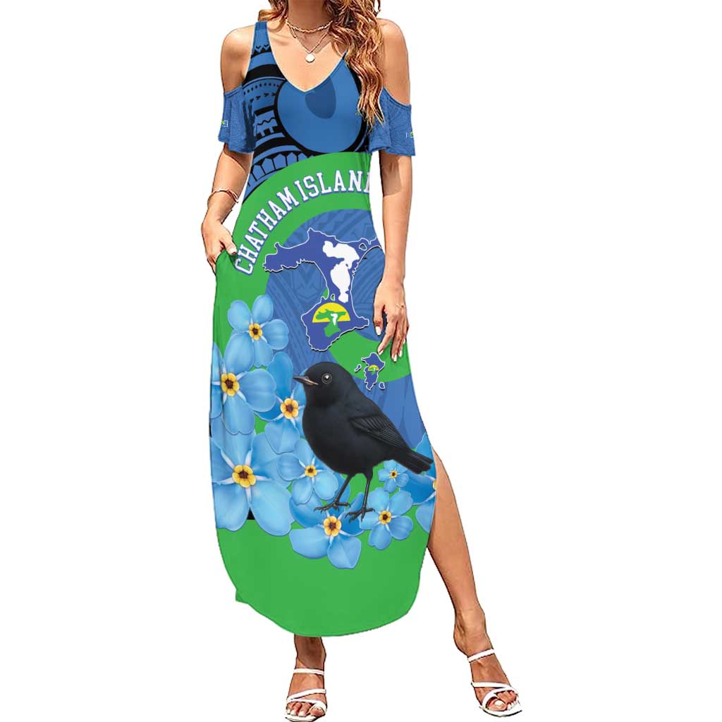 New Zealand Chatham Islands Summer Maxi Dress Wharekauri Forget Me Not With Black Robin