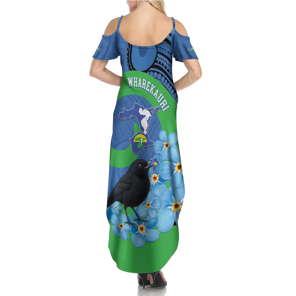 New Zealand Chatham Islands Summer Maxi Dress Wharekauri Forget Me Not With Black Robin LT14 - Polynesian Pride