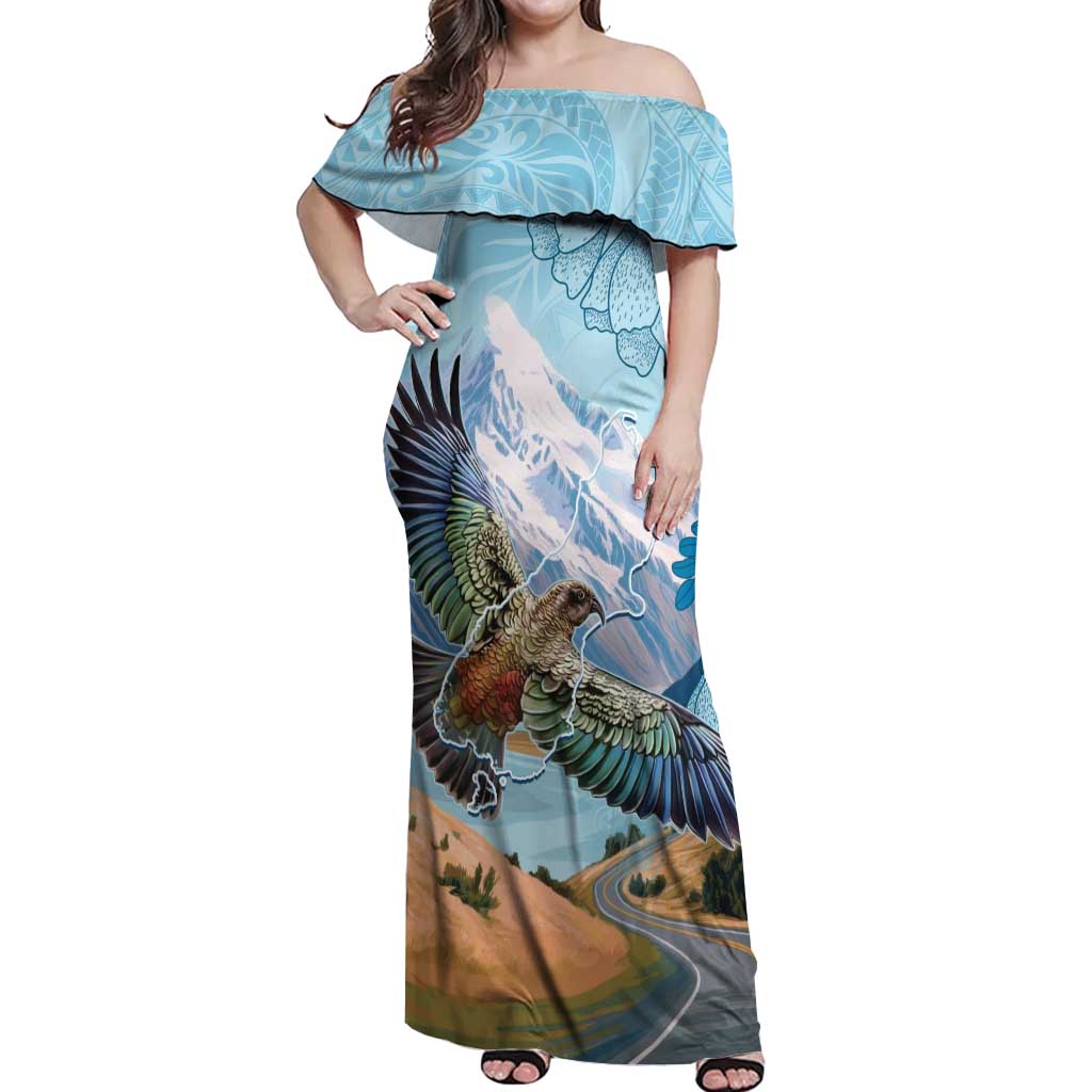 New Zealand South Island Off Shoulder Maxi Dress Te Waipounamu Aoraki Kea Bird