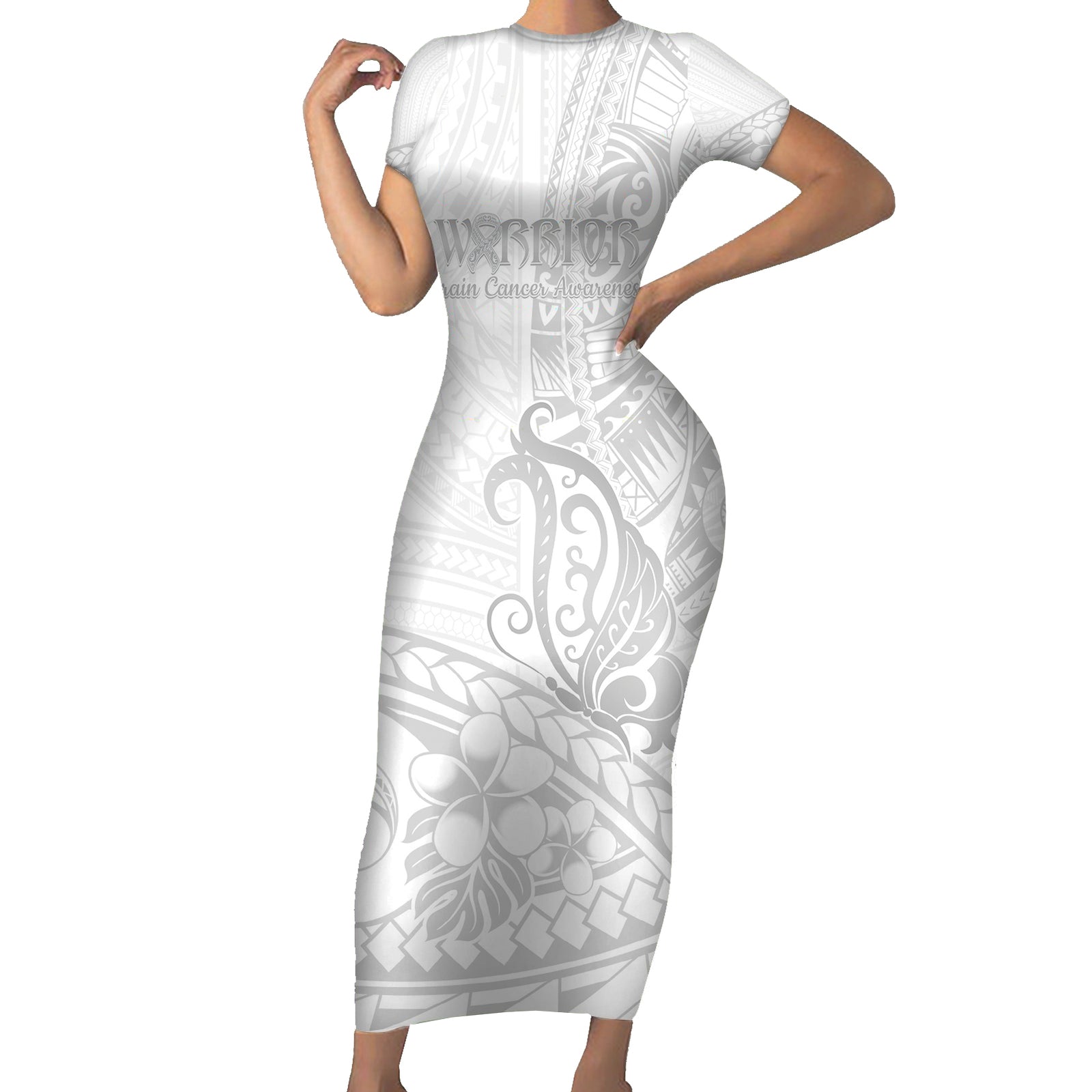 Polynesia Brain Cancer Awareness Short Sleeve Bodycon Dress In May We Wear Grey LT14 Long Dress White - Polynesian Pride