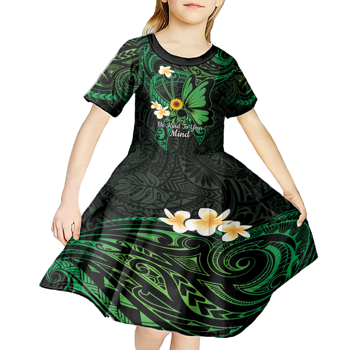 Polynesia Mental Health Awareness Kid Short Sleeve Dress Green Ribbon Be Kind To Your Mind LT14 - Polynesian Pride